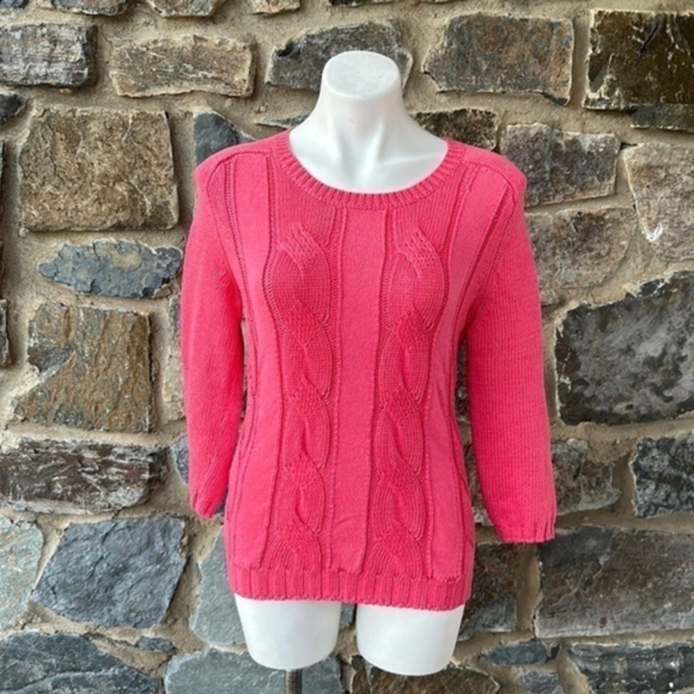 Boden Cable Knit 3/4 Sleeve Crew Neck Sweater in Hot Pink Size 8